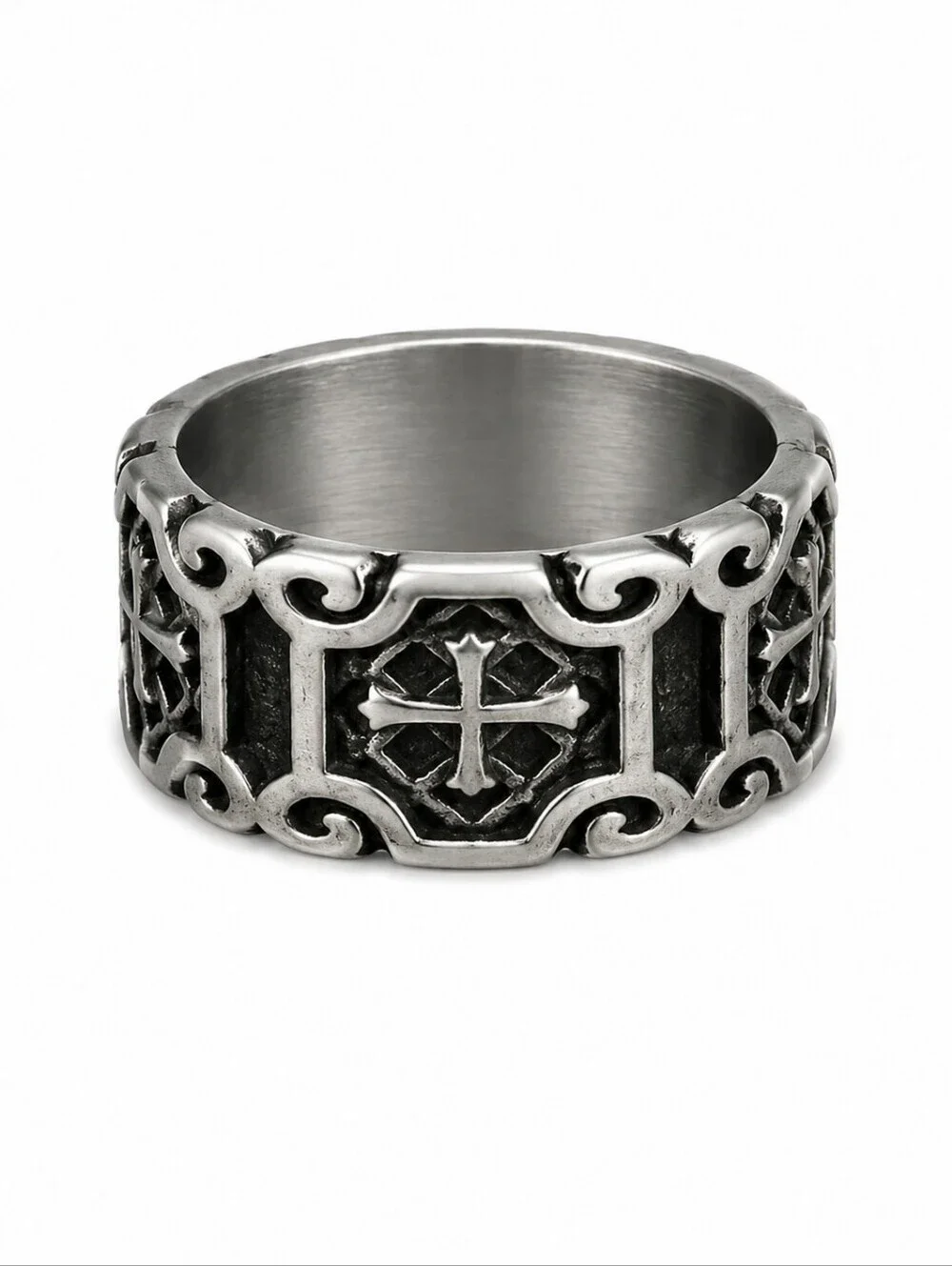 Silver Filled Stainless Steel Gothic Castlecore Cross Band Ring Size 10